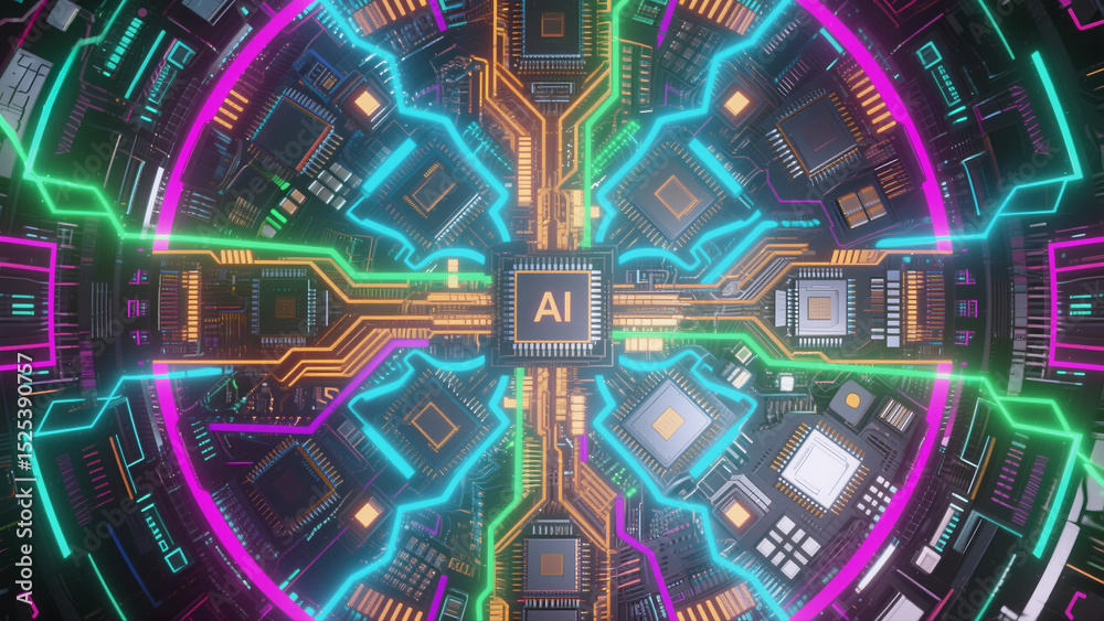 Fototapete Futuristic Artificial Intelligence Concept with Digital Circuit Interface
