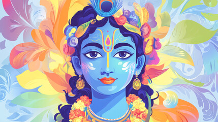 Hindu God Lord Krishna with Peacock Feather Floral Background Janmashtami Celebration Colorful Illustration Indian Mythology Deity Divine Spirituality Religious Festive Art Graphic Design Wallpaper