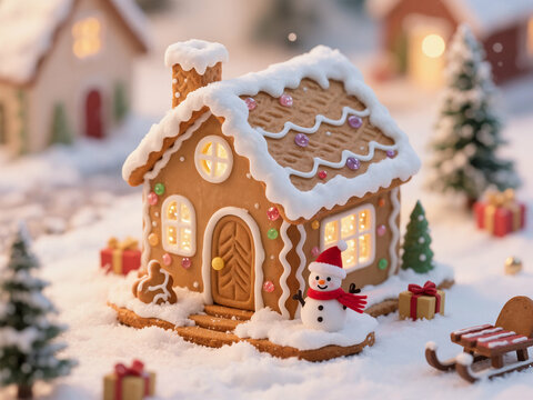 A charming gingerbread house, complete with frosted roof and candies, sits in a snowy village scene, surrounded by miniature trees, gifts, and a festive snowman.