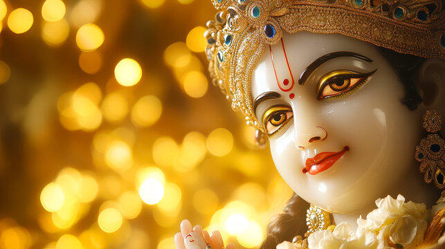 Hindu God Shree Krishna Idol Face Closeup with Golden Bokeh Background Bal Gopal Laddu Gopal Kanha Janmashtami Festival Celebration India Spirituality Religion Divine Deity Hinduism Worship God