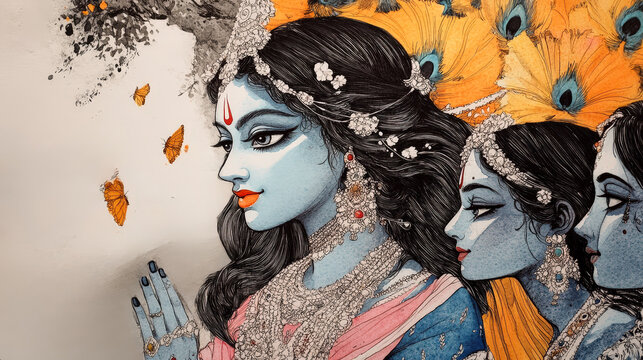 Hindu God Krishna Radha Rukmini illustration painting peacock feather butterflies intricate details vibrant colors spiritual divine mythology traditional art Indian culture religious artwork wall art