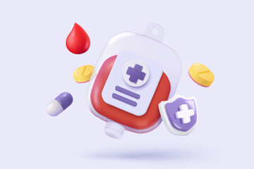 3d blood drop with medical sign with protection plus. World Blood donor day, healthcare, hematology, medicine minimal concepts. 3d medical icon vector with shadow render illustration