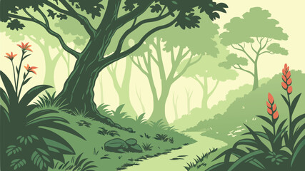 Lush Forest Scene Vector Illustration with Green Trees