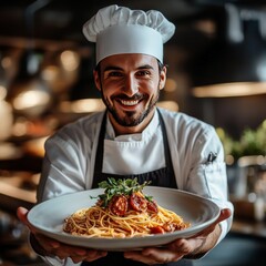 Smiling Chef Presents Delicious Spaghetti with Meatballs in Restaurant Kitchen Setting - Culinary Excellence and Fresh Ingredients