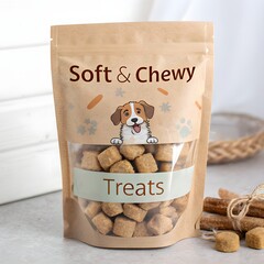 A bag of soft and chewy dog treats with a dog cartoon and treats label on a white surface close up