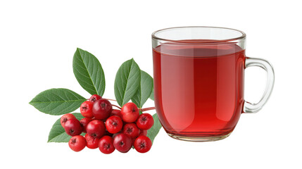 Isolated on transparent background, cup of red berry tea with fresh berries and green leaves