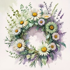 Obraz premium Beautiful watercolor daisy wreath on a light background.