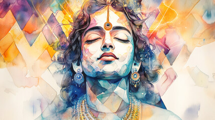 Serene Hindu God Krishna Watercolor Portrait Divine Spirituality Colorful Artistic Depiction Meditation Peace Harmony Religious Artwork Cultural Illustration India Mythology Divine Being Janmashtami