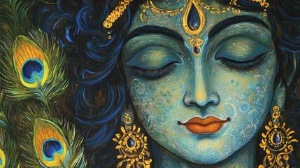 Serene Hindu God Krishna Painting Peacock Feathers Divine Portrait Blue Skin Gold Ornaments Spiritual Art Religious Iconography Indian Mythology Wall Art Decor Canvas Print Hinduism Artwork Deity