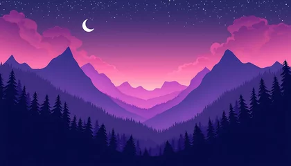 Selbstklebende Fototapeten Night mountain landscape with moon and stars purple pink sky forest trees digital art © Ch_Mujhid_Muneer