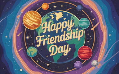 friendship day, earth, globe, planets, stars, space, background, colorful, illustration, celebration, greeting, outer space, galaxy, cosmos, universe, friendship, happy, text, design, art, graphic