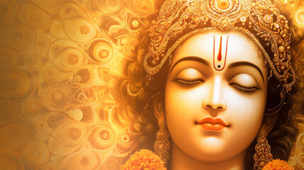 Serene Hindu God Krishna with closed eyes Golden backdrop Divine presence ornate crown and jewelry spiritual art religious imagery peaceful expression Hinduism devotional art meditation tranquility