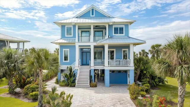 Coastal, light blue home with multiple levels, large porch, and tropical landscaping