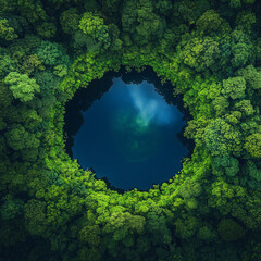 Top-down aerial view of a hidden circular lake in the middle of a lush rainforest.