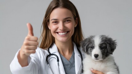 Female Veterinarian Holding Puppy and Giving Thumbs Up