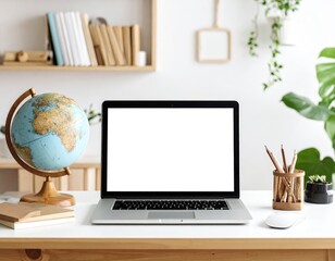 Bright workspace featuring a laptop with a blank screen globe and plants