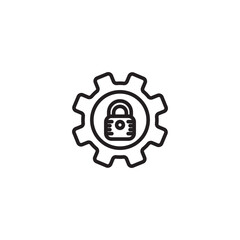 Obraz premium A clean black and white line art icon featuring a gear with a padlock in its center, symbolizing security settings, protected configurations, or secure system management.