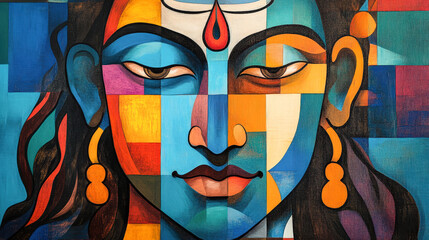 Colorful Abstract Painting of Hindu God Shiva Mahadev Face Portrait Artwork Illustration Contemporary Art Cubism Style Religious Wall Art Decor