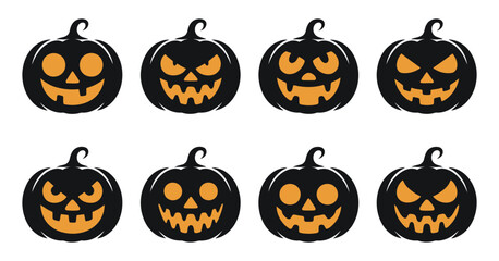 Collection of Halloween Pumpkin Faces with Carved Expressions Featuring Spooky and Fun Designs for Holiday Decorations and Festive Celebrations on a White Background