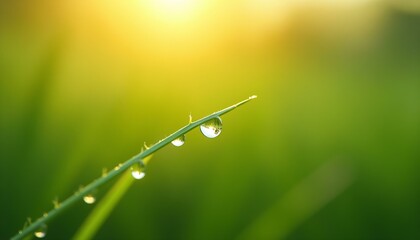 Obraz premium Dew drops on grass blade nature macro photography green background morning freshness