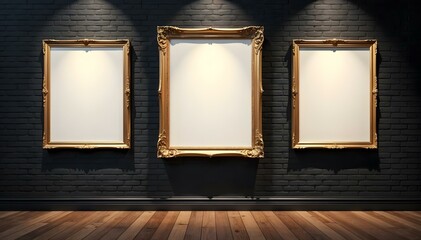 Three Ornate Gold Frames on a Dark Brick Wall with Hardwood Floor