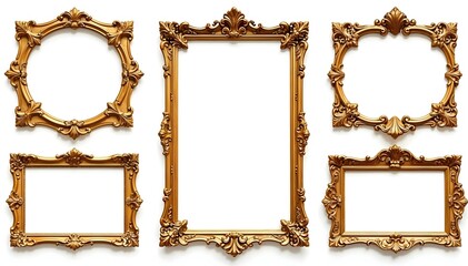 Collection of Six Ornate Gold Picture Frames with Intricate Carvings on a Clean White Background