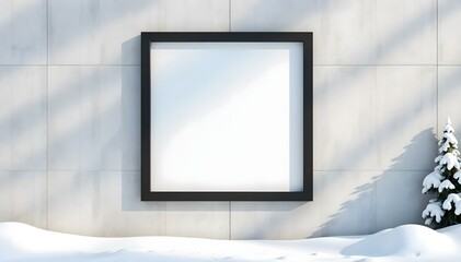 Fototapeta premium Square Black Frame Mockup on Concrete Wall in Winter with Snow and Small Pine Tree