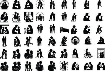 Parent Hugging Child Silhouette – Love & Family Bond Vector Set Mother or Father Hugging Kid Silhouette – Emotional Family Moment Design