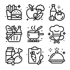 Foods icon includes nine black and white line icons perfect for menu design, recipe blogs, and culinary websites for variety.