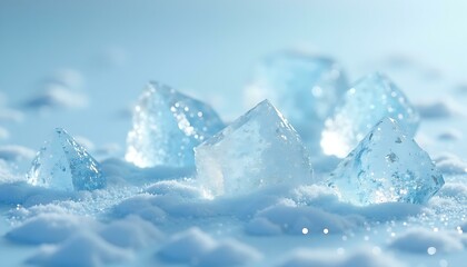 Ice cubes on snow winter scene cold crystal clear frozen water texture background scene