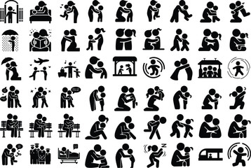 Parent Hugging Child Silhouette – Love & Family Bond Vector Set Mother or Father Hugging Kid Silhouette – Emotional Family Moment Design