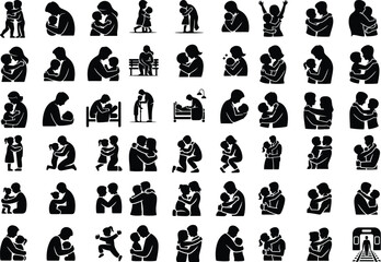 Parent Hugging Child Silhouette – Love & Family Bond Vector Set Mother or Father Hugging Kid Silhouette – Emotional Family Moment Design
