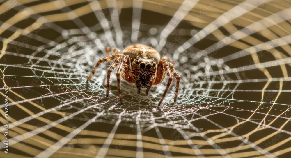 Wall mural macro shot of spider weaving web with intricate silk threads in natural setting