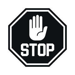 Obraz premium A Bold Black and White Stop Sign Symbolizing Halt with a Hand and Text Conveying Urgency and Restriction in a Graphic Design white