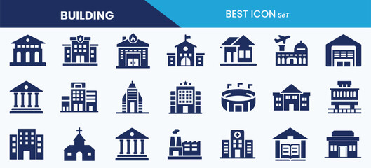 Best building icon set collection. Villa, hospital, museum, university, warehouse, factory, school and vector illustration.