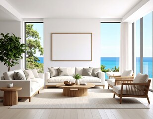 Coastal Living Room with Ocean View White Sofas and Blank Frame (1)