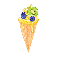 Lemon yellow ice cream cone with swirled creamy texture with kiwi slice and blueberry in cartoon. Refreshing summer dessert perfect for sweet theme, fruit concept and colorful food illustration.