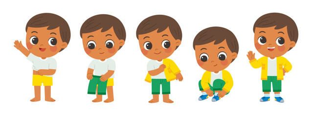 Cute little boy getting dressed step by step with happy smile in morning routine. Child learning to dress himself step by step, promoting independence and self-care skills.