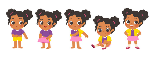 Cute little girl getting dressed step by step with happy smile in morning routine. Child learning to dress herself step by step, promoting independence and self-care skills.