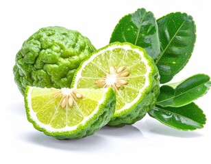 Fresh Bergamot Fruits with Green Leaves Isolated on White Background
