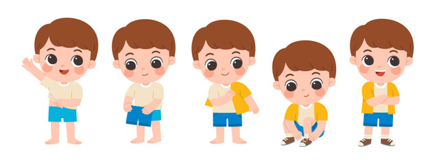 Cute little boy getting dressed step by step with happy smile in morning routine. Child learning to dress himself step by step, promoting independence and self-care skills.
