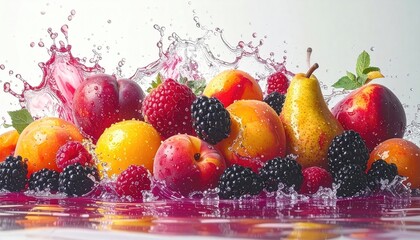 Fresh Fruits Splashing in Water with Berries and Splashes of Juice