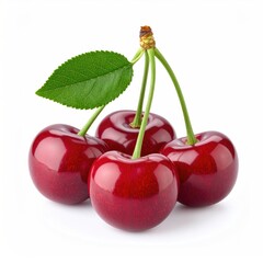 Fresh Red Cherries With Leaf Isolated on White Background