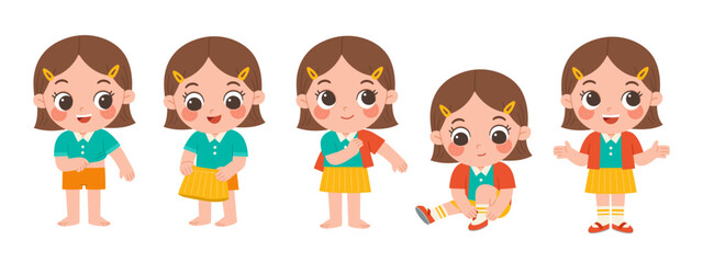Cute little girl getting dressed step by step with happy smile in morning routine. Child learning to dress herself step by step, promoting independence and self-care skills.