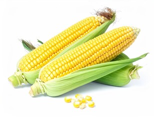 Fresh Yellow Corn Ears with Green Husk on White Background