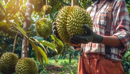Farmer Holding Fresh Durian Fruit in Lush Tropical Orchard