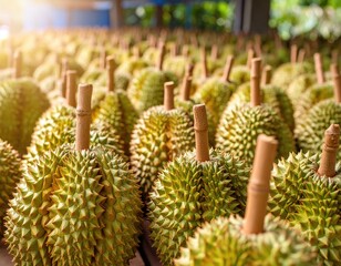 Fresh Durian Fruits Displayed for Sale in Local Market Stall