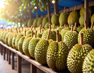 Fresh Durian Fruits Displayed at Asian Fruit Market Stall
