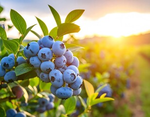 Ripe Blueberries on the Bush in a Field at Sunset Ready to Harvest