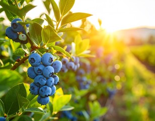 Ripe blueberries on the bush in a sunny field food photography